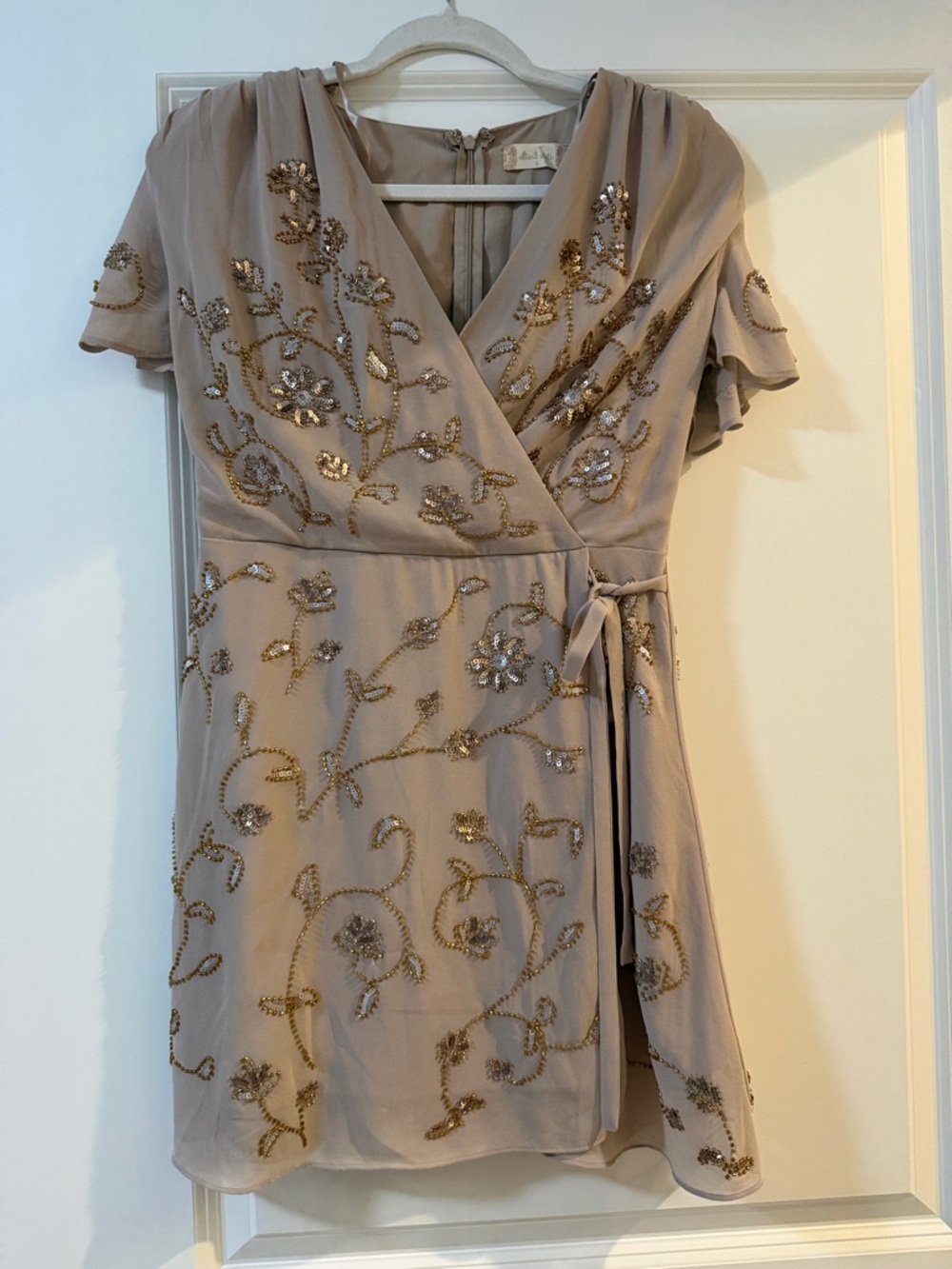 Altar'd State Beige Mini Wrap Dress with Gold Sequin Embellishment